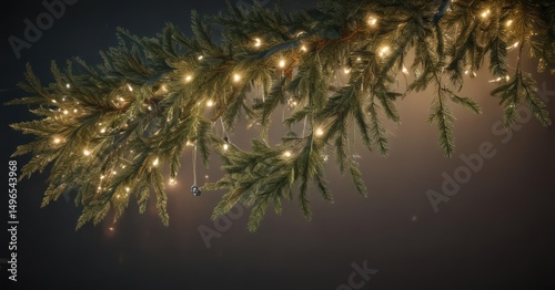 Luxurious coniferous branches entwined with twinkling lights and festive garland , evergreen, background