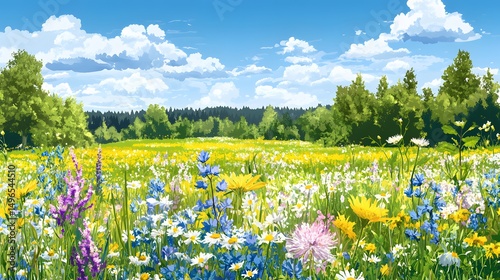 Fototapeta Naklejka Na Ścianę i Meble -  Vibrant, flourishing meadow landscape under a clear sky.