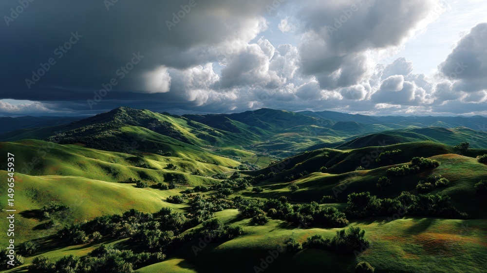 Aerial view rolling green hills, dramatic cloudscape, valley Aerial view rolling green hills, dramatic cloudscape, valley