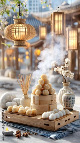 steaming Asian rice dumplings  Traditional rice dumpling festival, rice dumpling incense steam, rice dumpling celebration setup minimalist Asian dessert offering