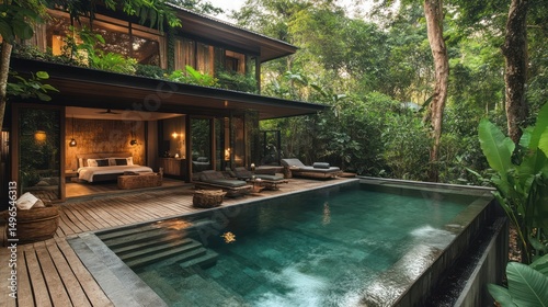 Wallpaper Mural Tranquil Poolside Retreat: Modern Architecture Blends with Lush Jungle Scenery Torontodigital.ca
