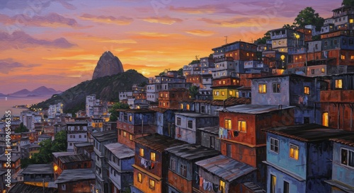 
Romanticized illustration of a favela in Rio de Janeiro at dusk, with the lights of the houses on the hillside lit up