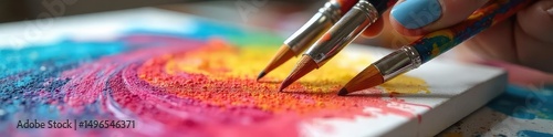 Wallpaper Mural Close-up of vibrant paintbrushes and a colorful palette next to a canvas, mid-process of a joyful painting session ,  brushes,  painting process,  palette Torontodigital.ca