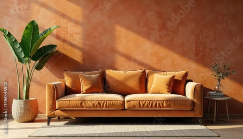 Cozy living room featuring a plush velvet sofa against a backdrop of warm, textured wallpaper  Perfect for home decor, interior design, and furniture websites , sofa,  hygge,  living room