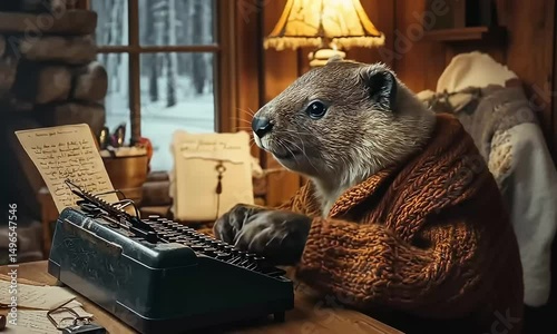 Whimsical Beaver Writing at a Typewriter in a Cozy Cabin Retreat