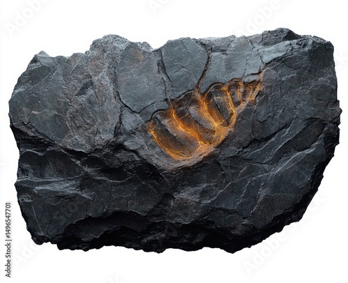 fossilized shell imprint glowing embedded in dark textured rock with cracks and rough surface