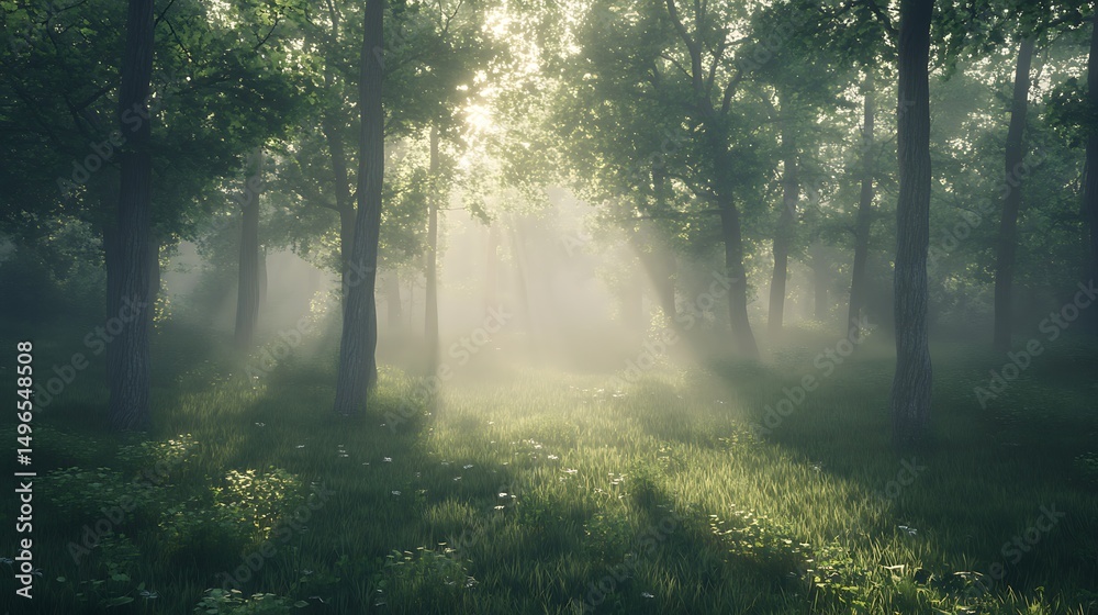 Obraz premium Sunlight streams through a misty forest.