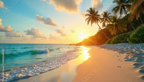 Golden hour sunlight bathes a pristine sandy beach, gentle waves lapping the shore Perfect summer vacation scene, idyllic tropical getaway Relaxing coastal view , sand, natural
