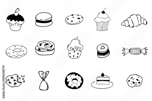 Dessert doodle icon set, breakfast bun, donut cupcake and candies sketch hand drawn. Line sweet food scribble texture cafe menu decorations.