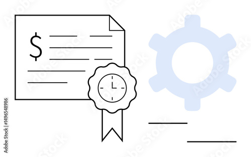 Certificate featuring a dollar symbol and ribbon seal alongside a gear symbol. Ideal for finance, certification, achievement, process, efficiency, management, time. Flat simple metaphor