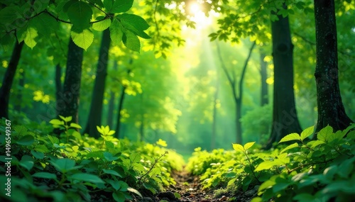 Lush forest green foliage fills the frame, sunlight dappling through leaves creating a vibrant, natural texture  Perfect for nature, ecology, and environmental themes ,  lush, forest green