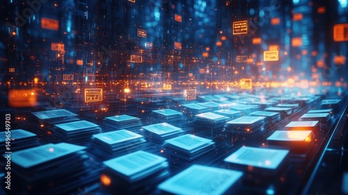 Futuristic data storage system with glowing digital documents floating above stacked electronic files in a high-tech environment