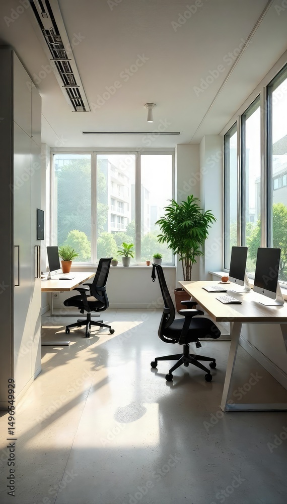 Fototapeta premium Modern, minimalist office interior design with sleek furniture and natural light streaming through large windows, creating a bright and productive workspace , glass, room, commercial