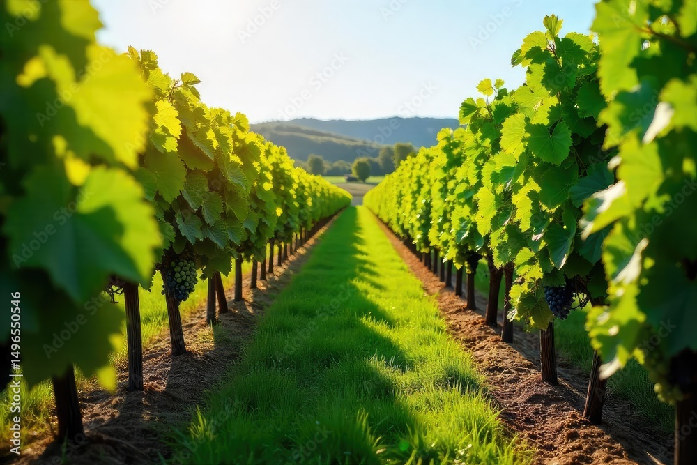 Naklejka premium Rows of healthy grapevines stretching across a sunny vineyard, lush green leaves and ripening grapes visible Perfect for wine, agriculture, and nature themes , growth, harvest