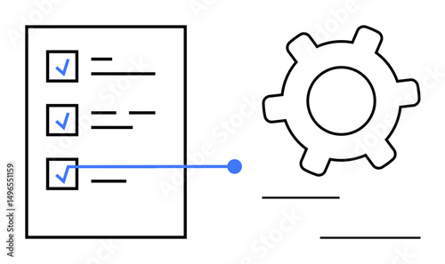 Task checklist with blue checkmarks linked to gear symbolizing workflow, organization, and automation. Ideal for productivity, management, planning, efficiency, innovation teamwork strategy. Flat