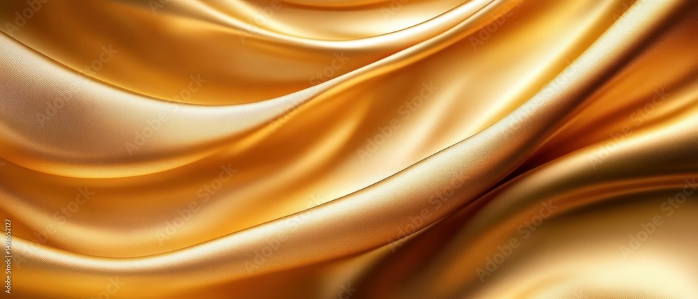 Fototapeta premium Close-up of smooth, flowing golden satin fabric with soft light reflections creating a luxurious and elegant texture