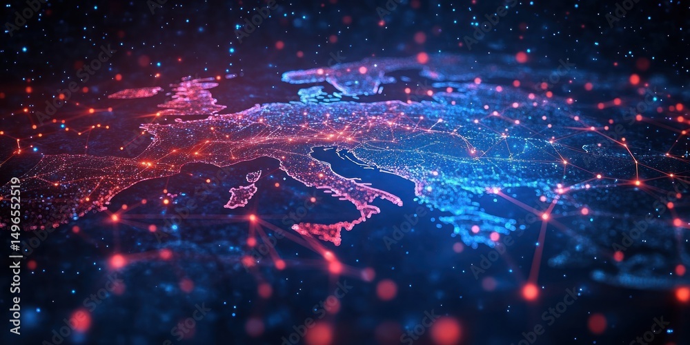Obraz premium Digital representation of Europe's map illuminated with glowing red and blue network connections symbolizing data flow and connectivity
