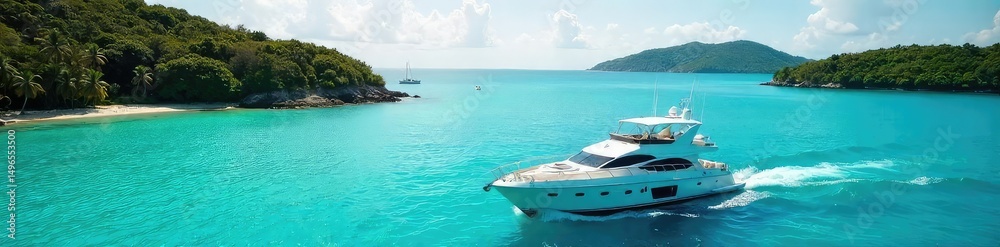 Fototapeta premium Sun-drenched yacht glides across turquoise water, surrounded by lush islands Perfect for travel, luxury, escape, and summer vacation imagery , turquoise, white clouds, islands