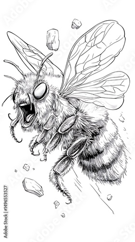 怒り狂うミツバチの線画イラスト