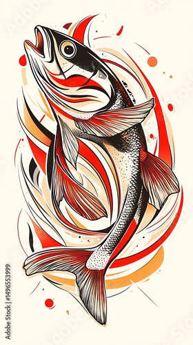 躍動感あふれる魚 抽象画風デザイン