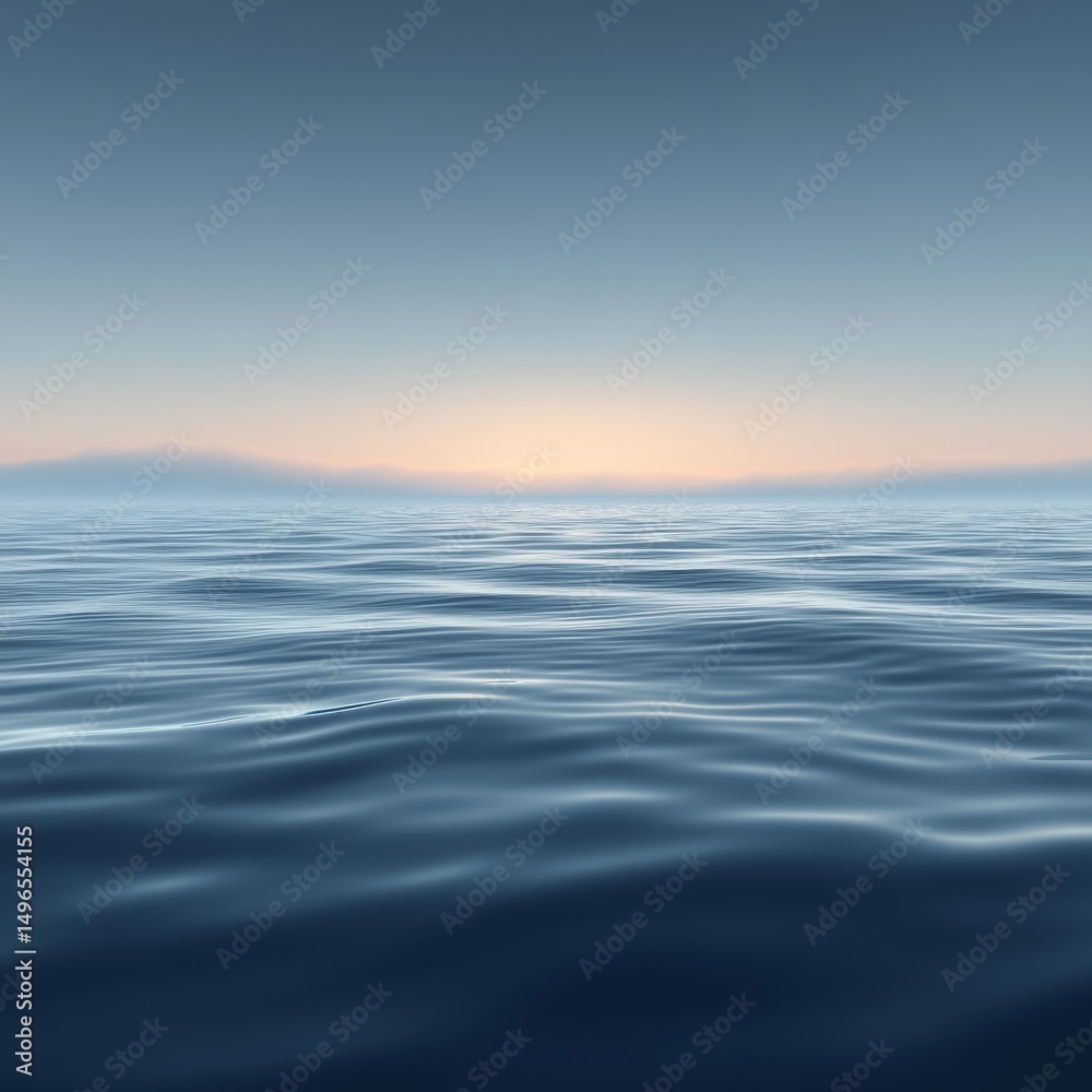 Obraz premium Calm ocean sunrise, misty horizon; serene seascape