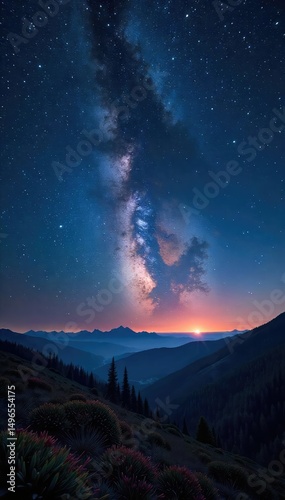 Vast, star-studded midnight sky blankets the landscape, a breathtaking panorama of celestial wonders  Perfect for astronomy, space travel, or nighttime serenity themes ,  blue,  purple, night sky