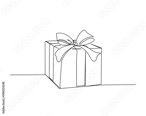 Gift box or present box outline drawing illustration. one continuous line drawing of gift box with ribbon.
