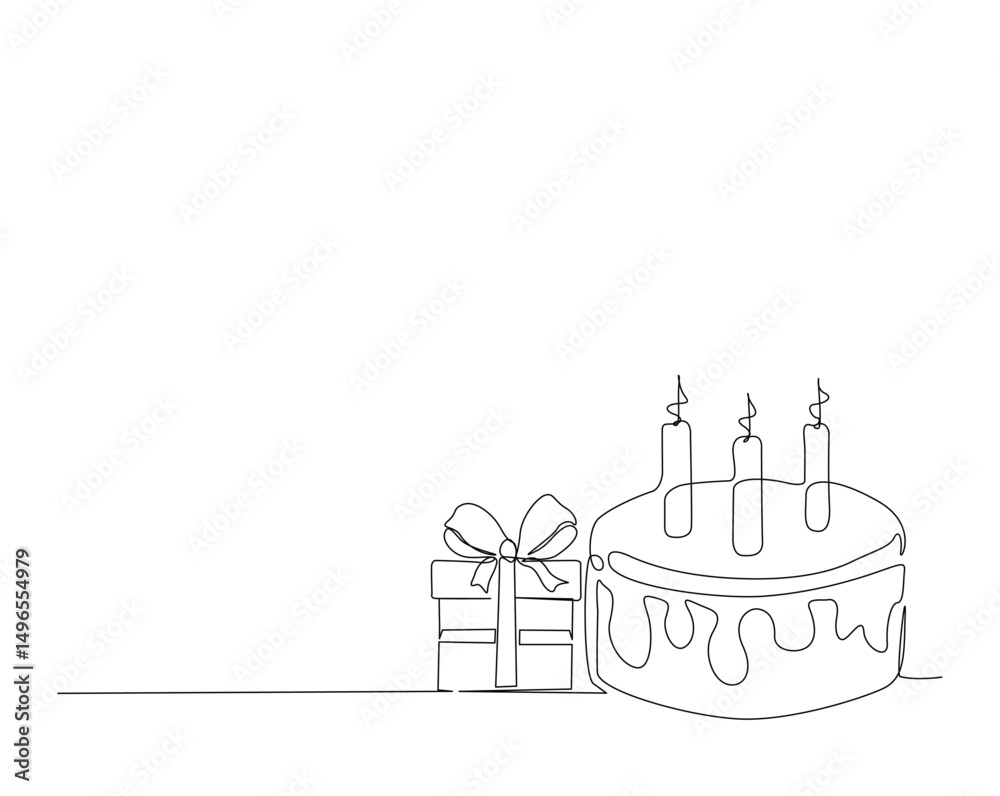 Fototapeta premium Birthday cake with gift box outline drawing illustration. one continuous line drawing of Birthday cake with present box.