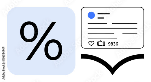 Percentage icon and social post with thumbs ups and engagement stats. Ideal for social media metrics, marketing, audience growth, data analysis, engagement, statistics, simple landing page