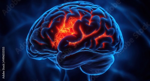 3d illustration of a human brain with highlighted glowing inner structures in red and orange surrounded by a blue neural background