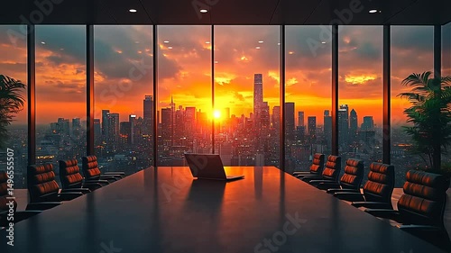 Executive Meeting Room with City Skyline View at Sunset, Professional Business Environment