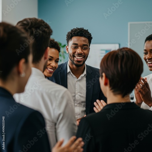 Photo Diverse Business Team Congratulating Colleague in Office