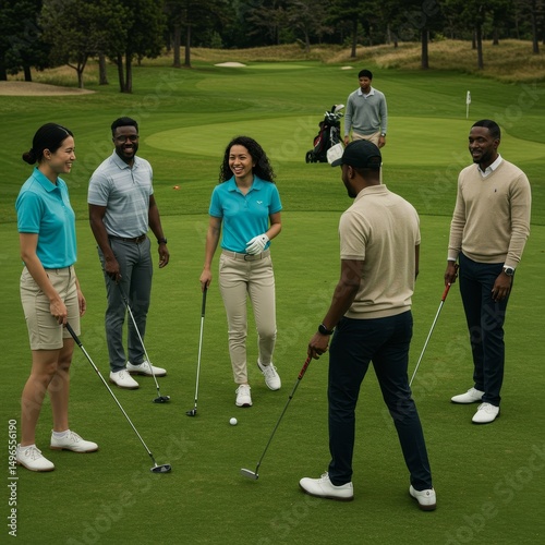 Photo Diverse Golfers Friends Green Course