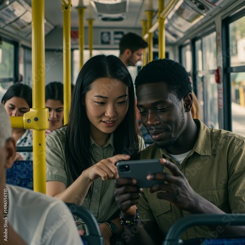 Photo Diverse Couple Using Smartphone on Bus