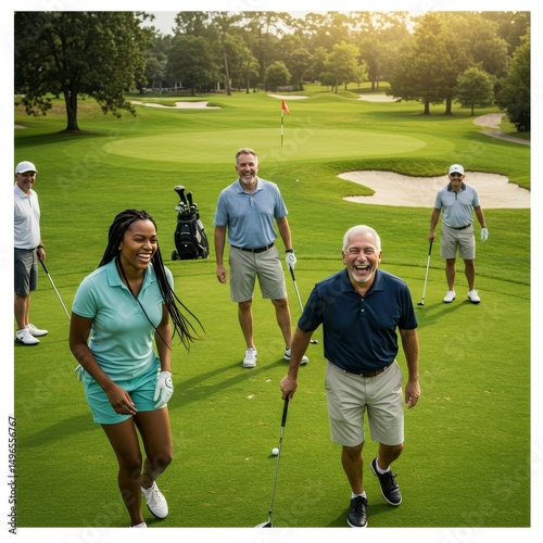 Photo Diverse Group Golfs on Sunny Summer Day