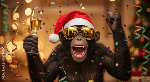 Photo Festive Chimpanzee Toasting with Champagne for Christmas