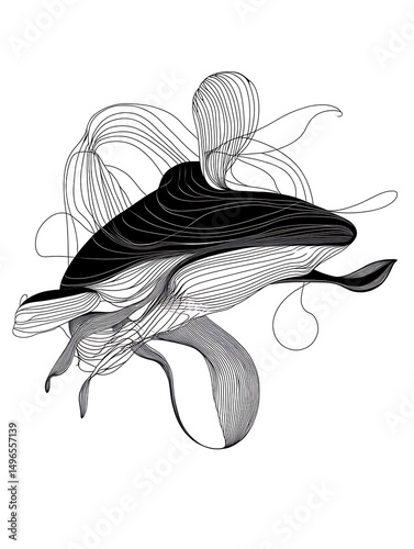 線描クジラと波の抽象画