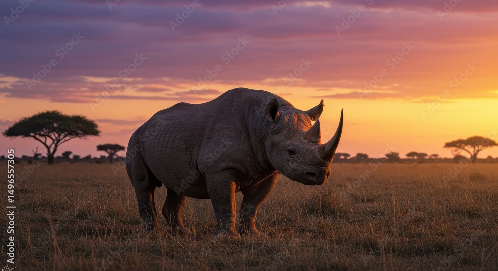 Fototapeta premium Photo Majestic Rhinoceros in Sunset Savanna