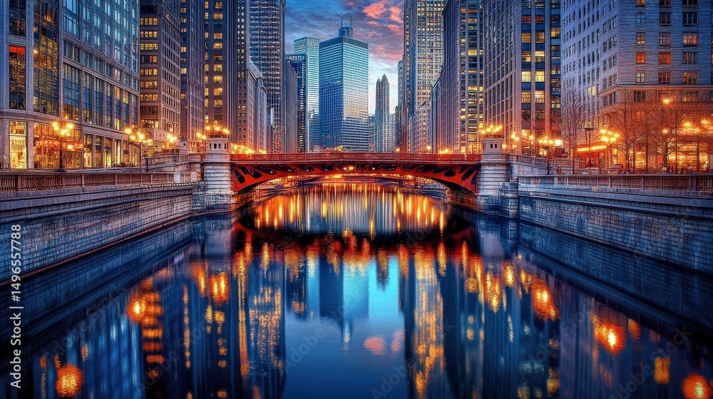 Fototapeta premium Stunning Cityscape Reflection in Chicago River at Sunset Time