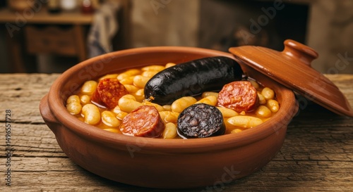 Photo of Asturian Fabada Bean Stew with Chorizo and Morcilla in Clay Pot