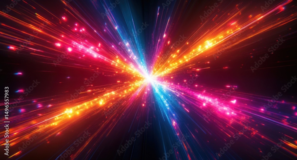Fototapeta premium Bright colorful light beams and particles radiating outward from a central glowing point on a dark background creating a dynamic energetic effect