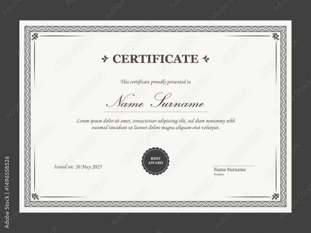 Retro certificate of appreciation template. Multipurpose certificate design with vintage ornament.	