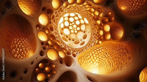 Abstract, organic,  honeycomb-like structure with glowing,  interconnected tunnels
