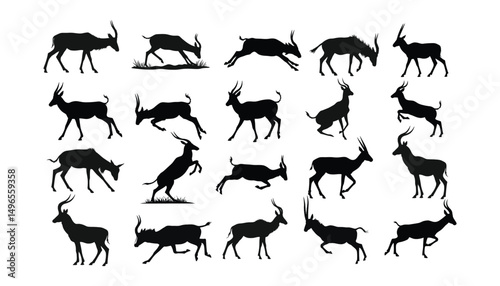 Antelope Silhouette Vector Set – Jumping and Running Deer Animal  Clipart .