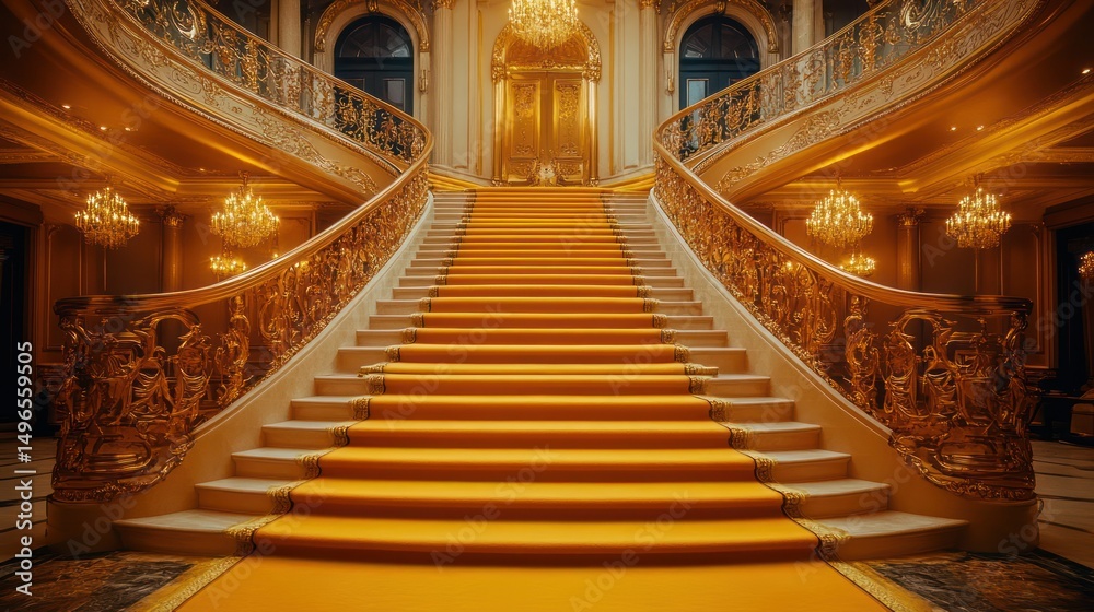Obraz premium Opulent Grand Staircase with Golden Details and Luxurious Design Elements