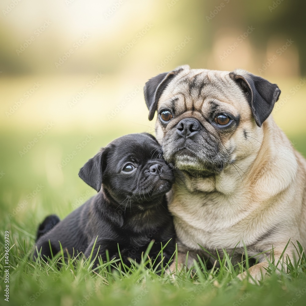 Photo of Adult Fawn Pug and Black Pug Puppy in Grass Photo of Adult Fawn Pug and Black Pug Puppy in Grass