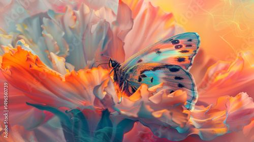 Wallpaper Mural A butterfly with colorful wings perched on a flower with orange and white petals in soft lighting Torontodigital.ca