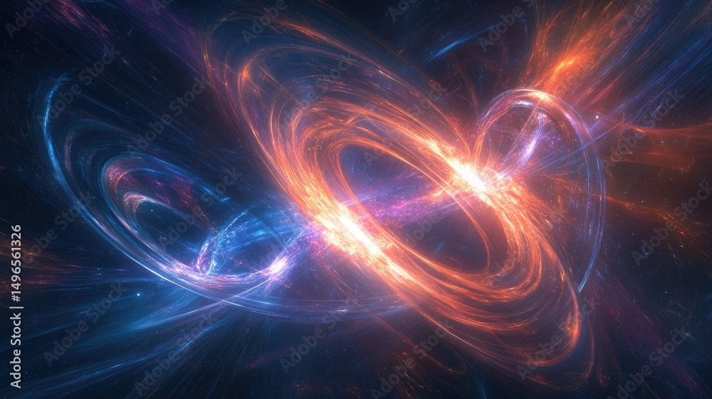 Obraz premium Intertwined luminous rings, vibrant energy swirls in cosmic space