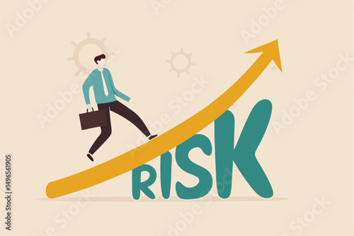 High risk high return stock market investment, trade off of risky investment asset rewarding growth return concept, confident smart investor walking on grow up stock market graph above the word Risk.