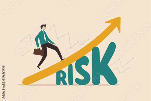 High risk high return stock market investment, trade off of risky investment asset rewarding growth return concept, confident smart investor walking on grow up stock market graph above the word Risk.